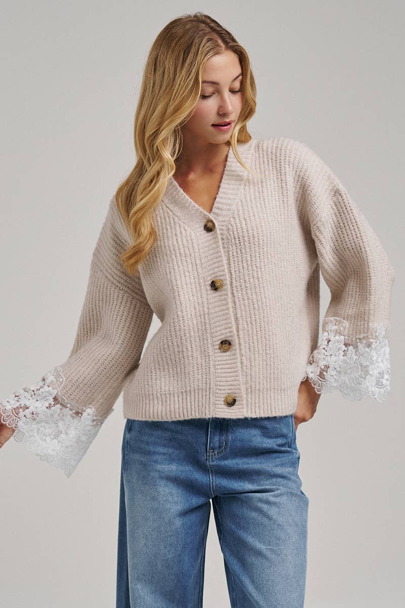 LOOSE FIT SOFT V NECK SWEATER CARDIGAN WITH LACE