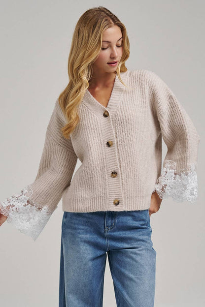 LOOSE FIT SOFT V NECK SWEATER CARDIGAN WITH LACE