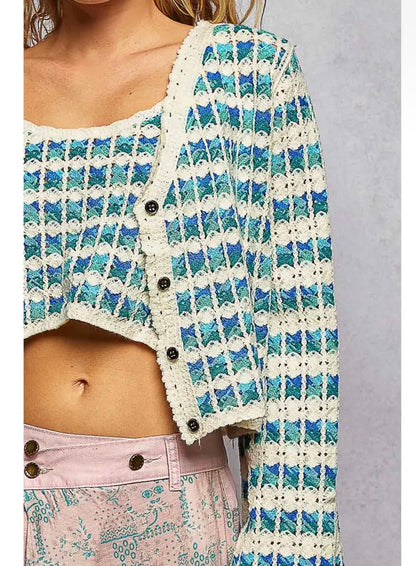 Blue multi cardigan with matching top
