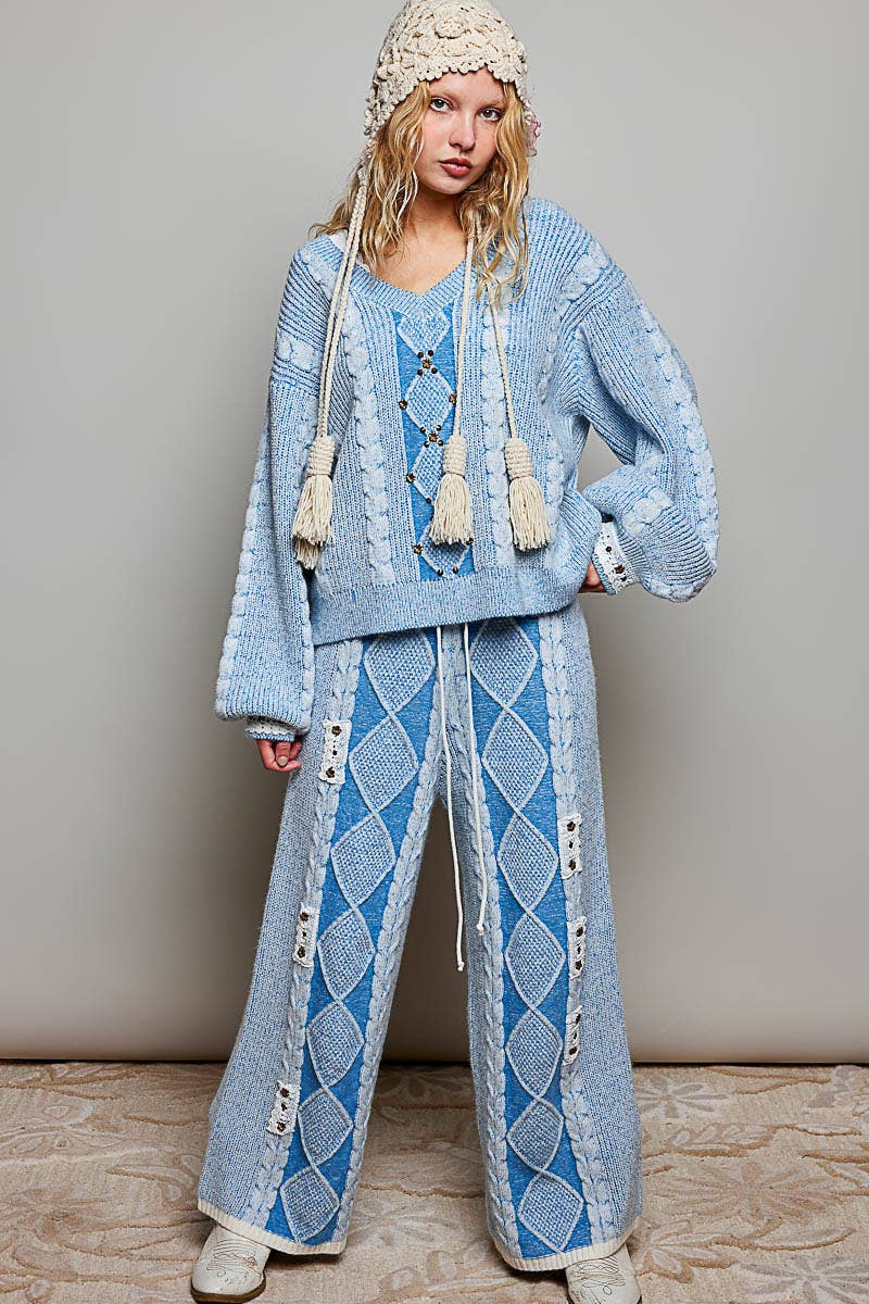 Vintage Lace Patch Stud Balloon Sleeve Sweater Top In Light blue