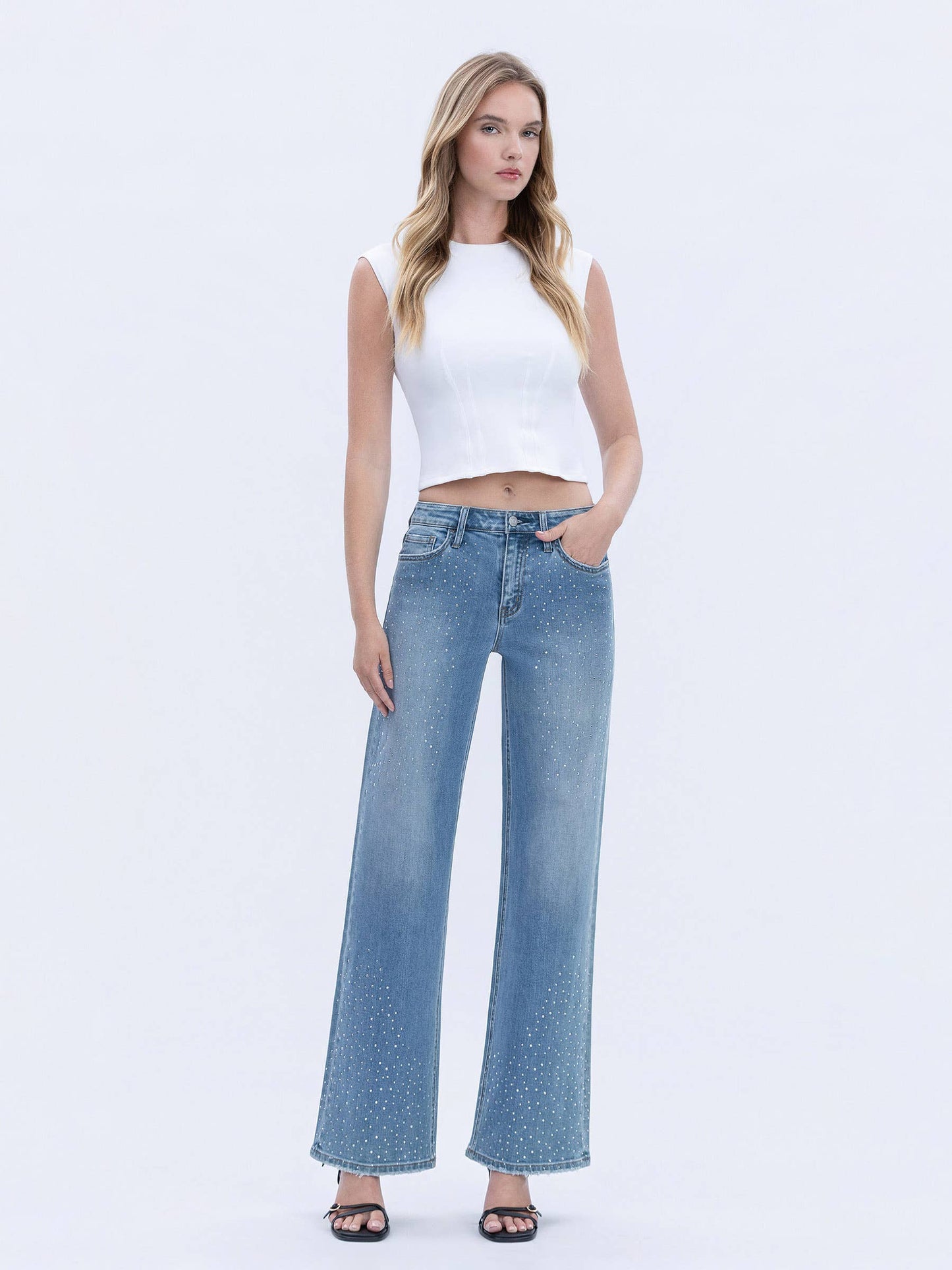HIGH RISE FRONT RHINESTONE EMBELLISHED WIDE JEANS T6674