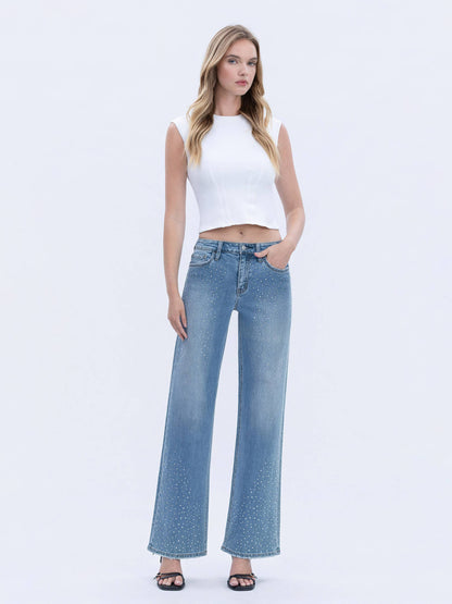 HIGH RISE FRONT RHINESTONE EMBELLISHED WIDE JEANS T6674