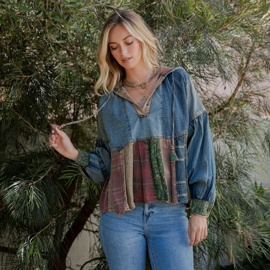 DENIM HOODIE WITH PLAID