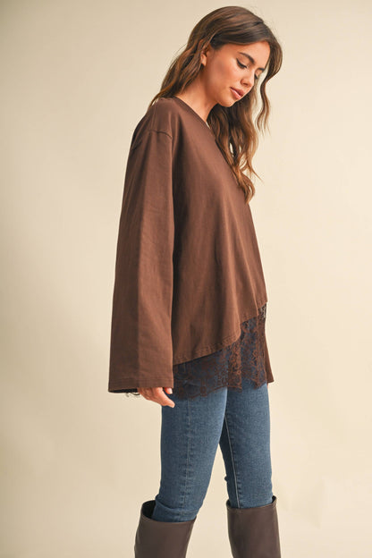 ASYMETRIC OVERLAY LACE LONG SLEEVE CREW NECK TOP