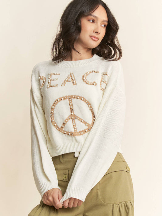 Light-Weight Knit Pearl Studs Stone Sweater Top with PEACE