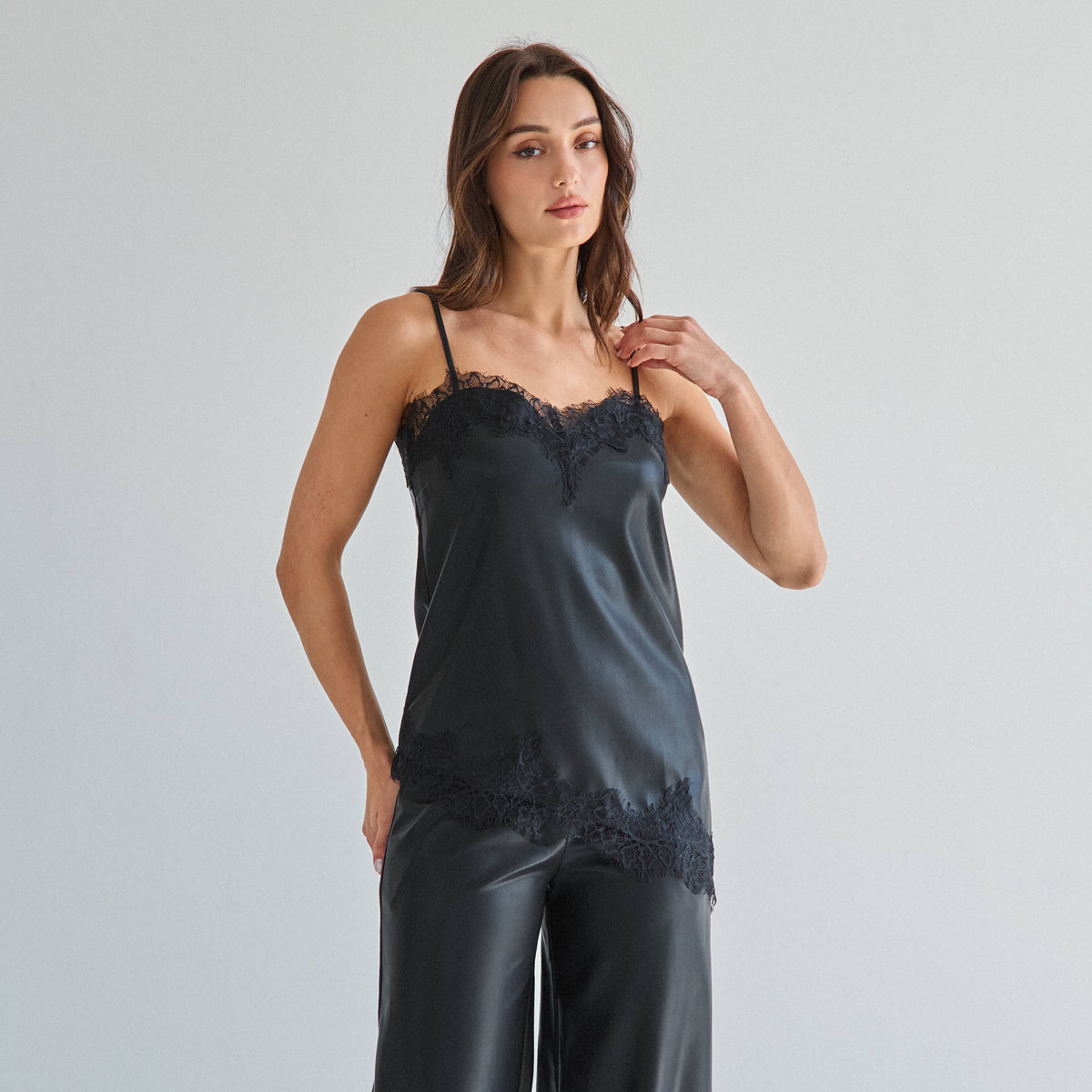 Black Lace trim vegan leather cami top & pants set