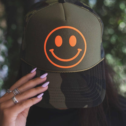Otto Camo Trucker Hat with Orange Happy Face