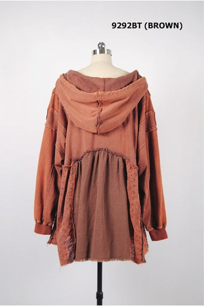 WASHED MULTI FABRIC LAYERED HOODIE TOP IN BROWN