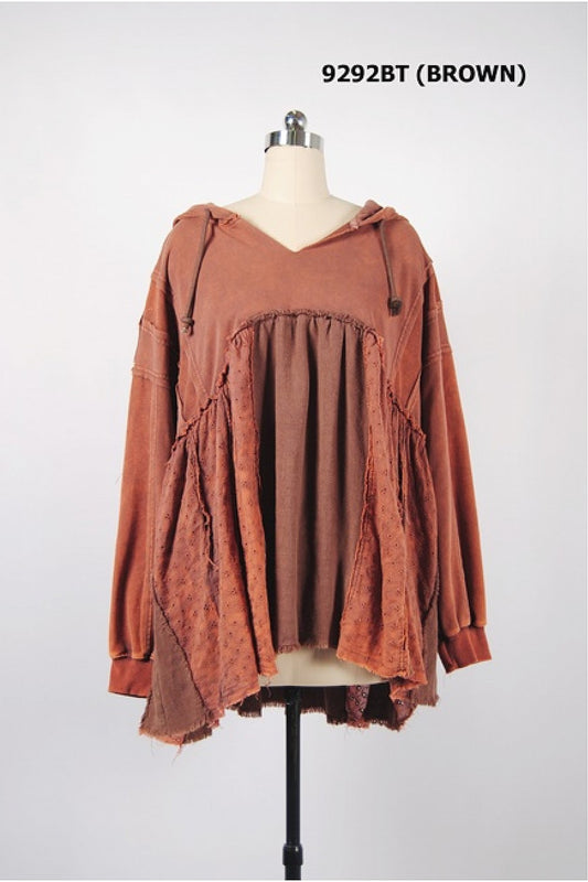 WASHED MULTI FABRIC LAYERED HOODIE TOP IN BROWN