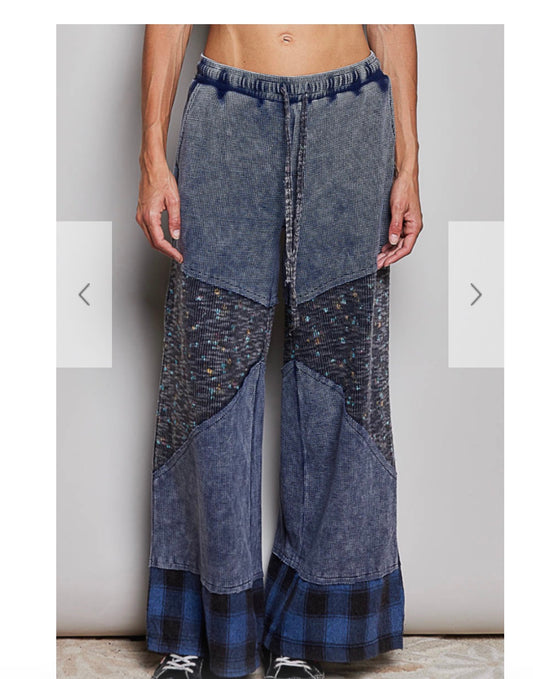 Indigo thermal wide leg pants with patches