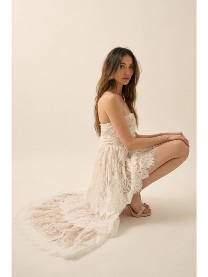 Layered Floral Lace Strapless High-Low Maxi Dress