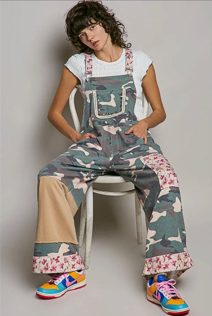 Camouflage vintage washed studded overalls ￼