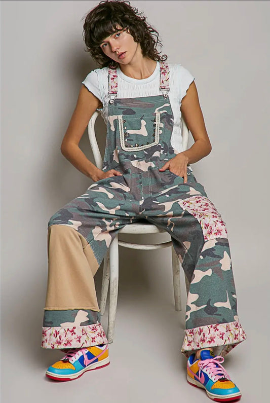 Camouflage vintage washed studded overalls ￼