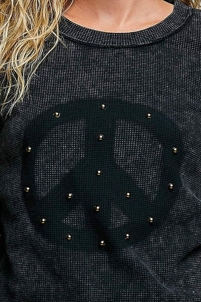 Vintage Washing Solid Peace Stud Outseam Thermal Knit Top