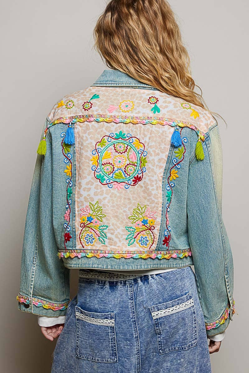 Floral Embroidery Lace Trim Tassel Denim Jacket