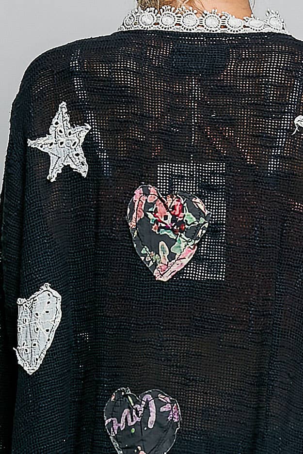 Floral Heart and Star Appliqué Crochet Lace Trim Cardigan