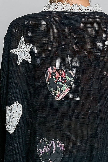 Floral Heart and Star Appliqué Crochet Lace Trim Cardigan