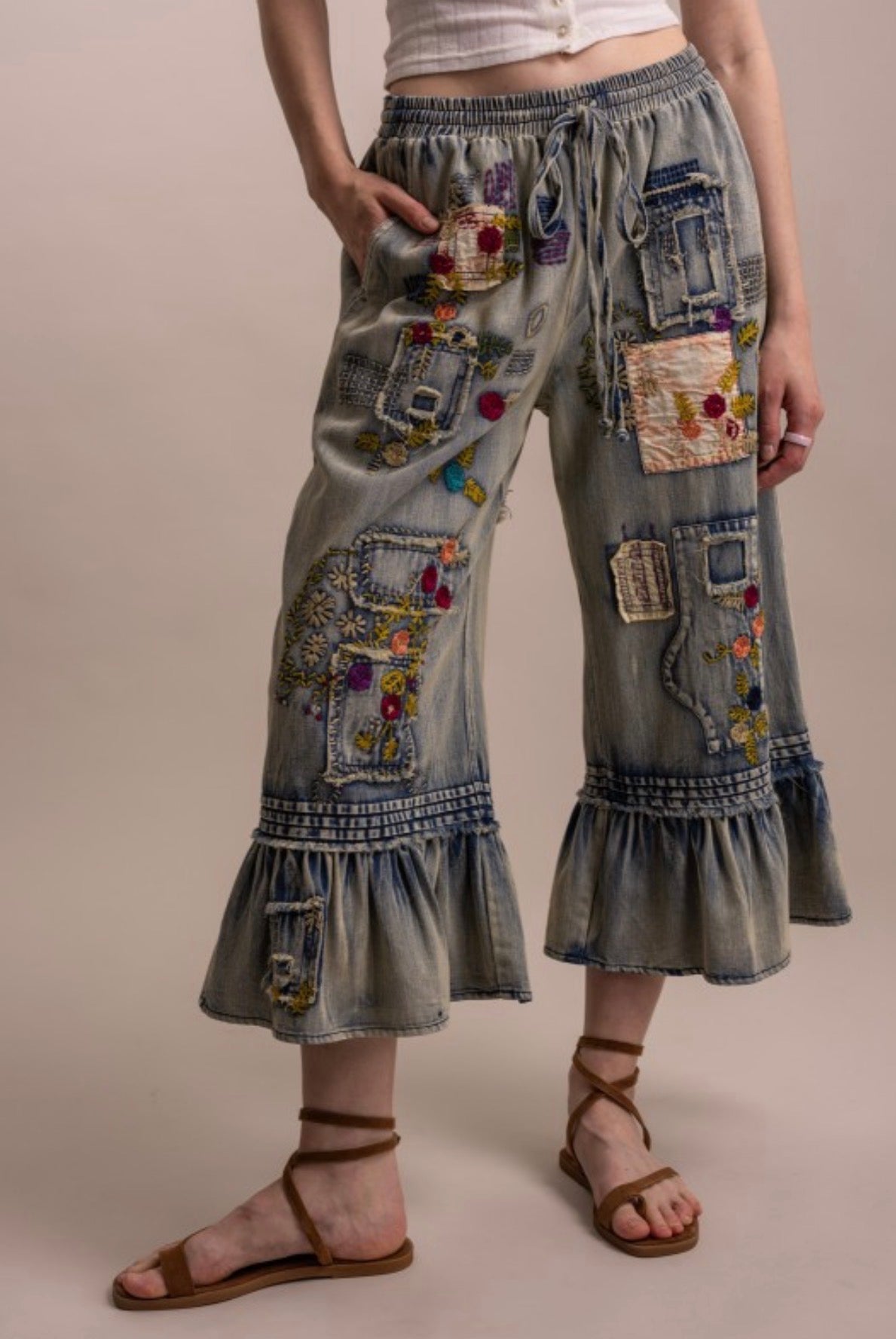 Embroidered patchwork, ruffle, hem, cropped pants in denim