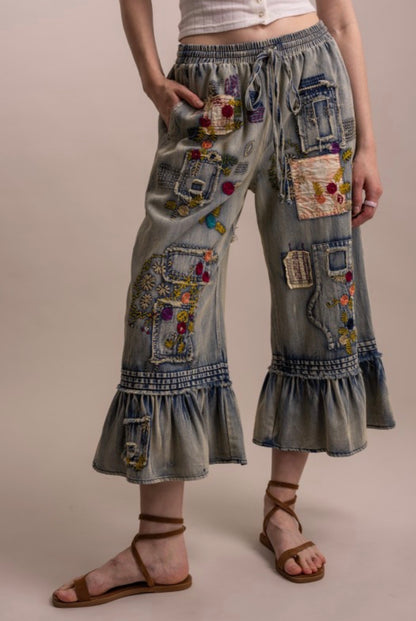 Embroidered patchwork, ruffle, hem, cropped pants in denim