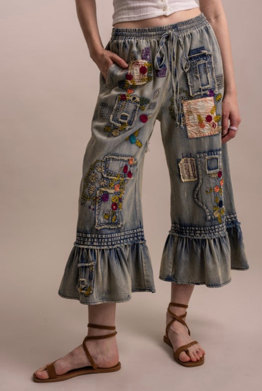 Embroidered patchwork, ruffle, hem, cropped pants in denim