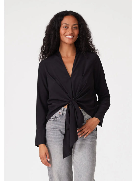 Long Sleeve V-Neck High Low Tie Front Blouse IN BLACK