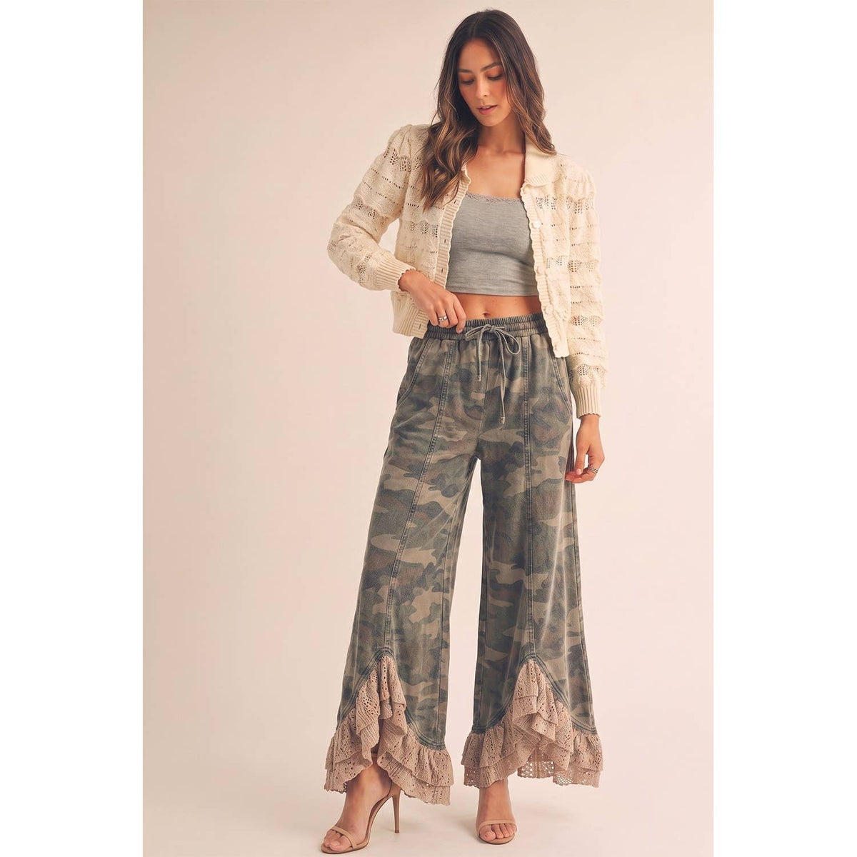Vintage Lace Infused Couture Elastic Waist Pants In CAMO