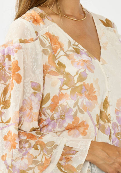 V-Neck Button Front High-Low Hem Ruffle Blouse