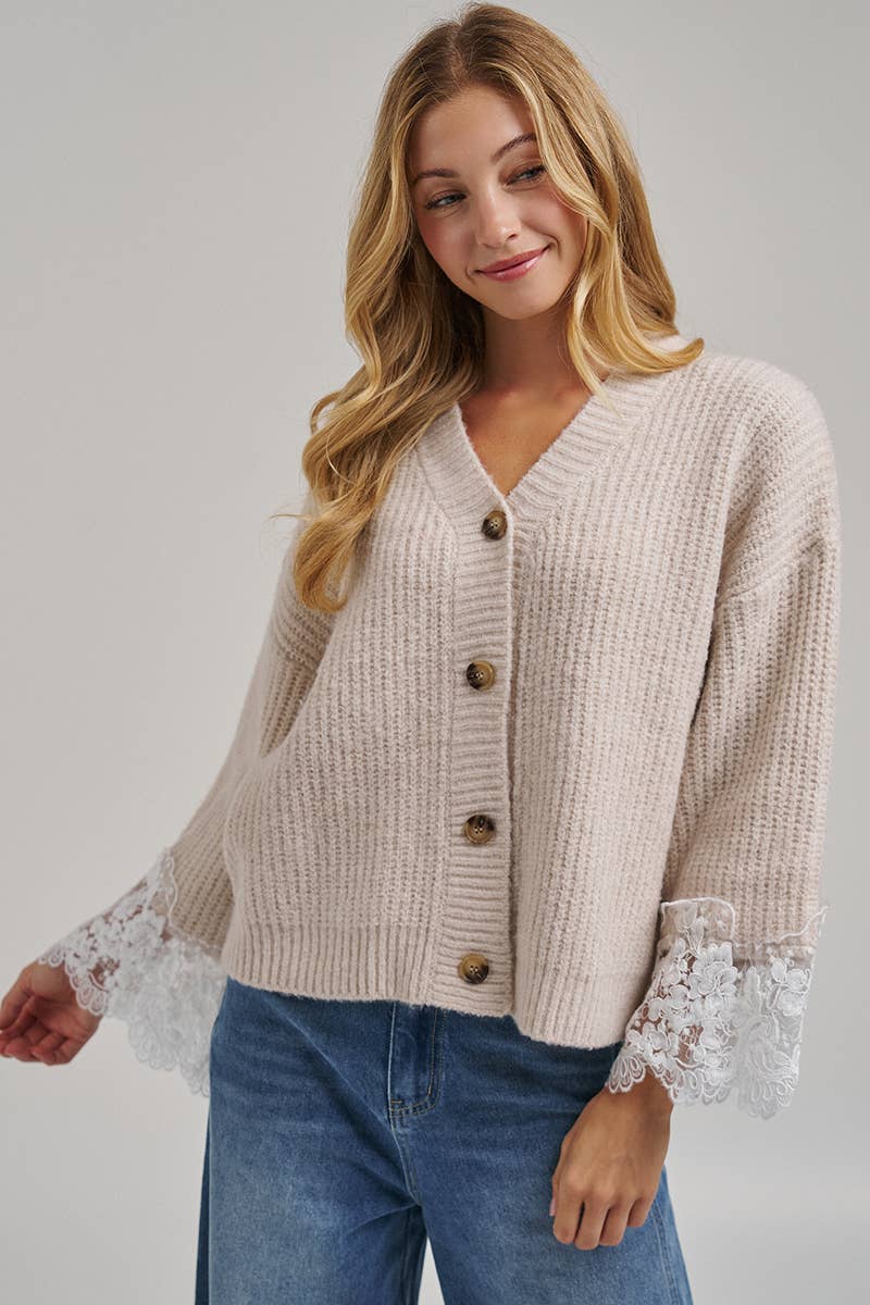 LOOSE FIT SOFT V NECK SWEATER CARDIGAN WITH LACE