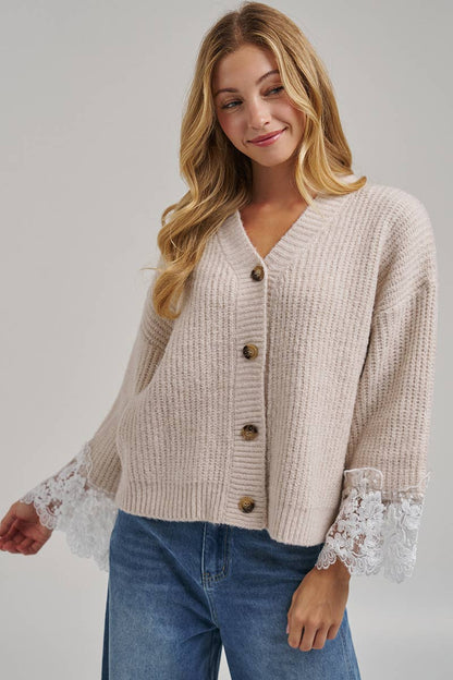 LOOSE FIT SOFT V NECK SWEATER CARDIGAN WITH LACE