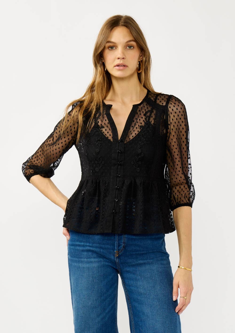 V-Neck Embroidered Lace Button Down Blouse