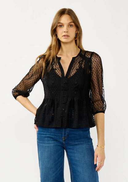 V-Neck Embroidered Lace Button Down Blouse