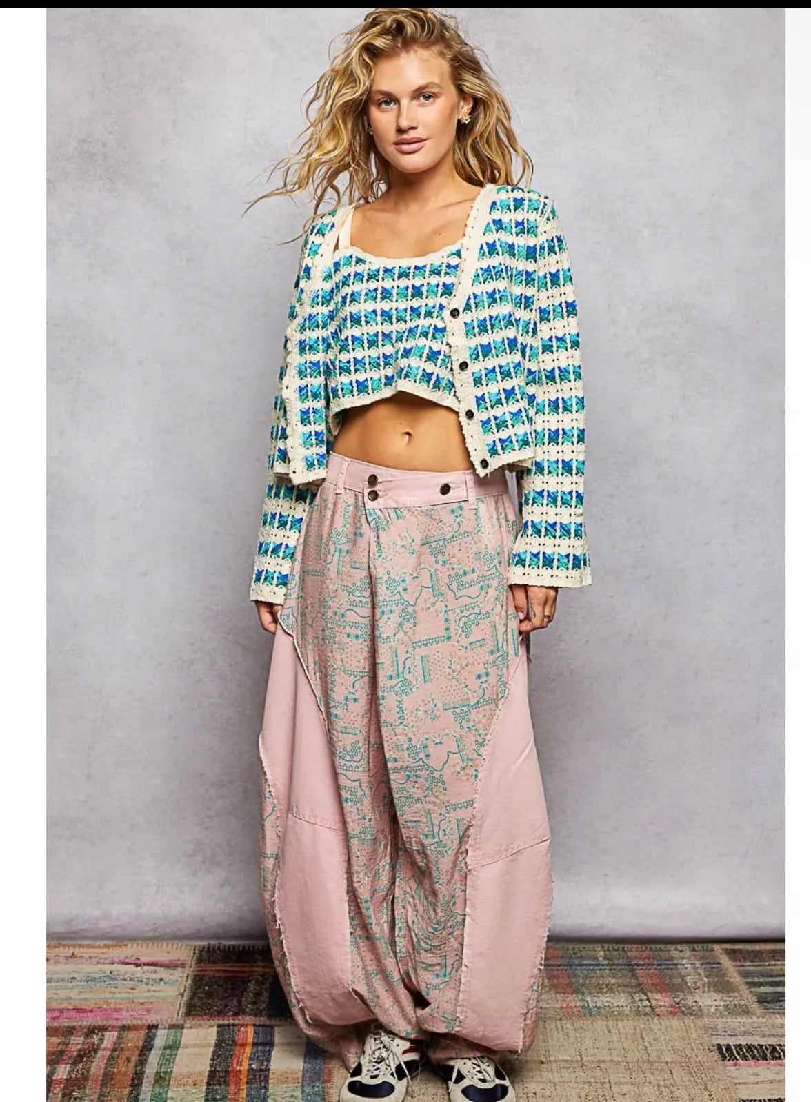 Blue multi cardigan with matching top