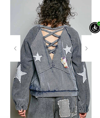 INDIGO THERMAL SLEEVE PATCH EYELET STAR TOP￼