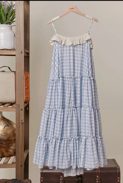 CHECKER RUFFLE DRESS IN LIGHT BLUE