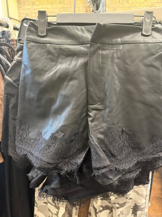 Black faux, leather lace bottom shorts