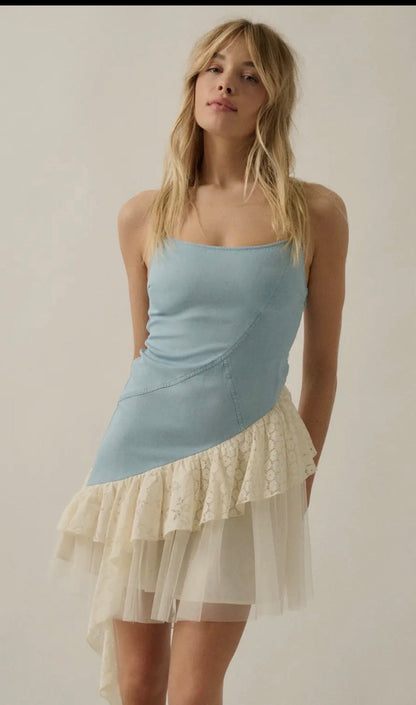 DENIM  AND LACE ASSYMETRICAL RUFFLE MINI DRESS