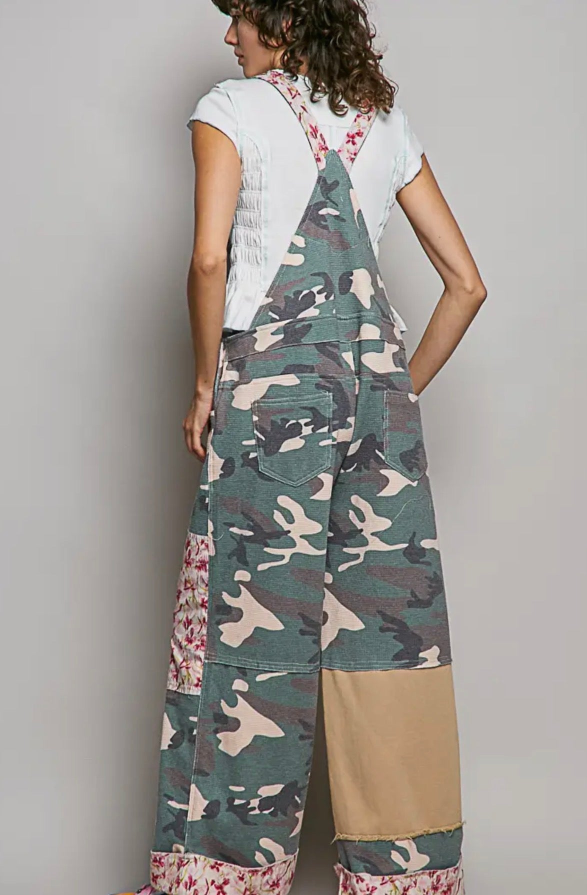 Camouflage vintage washed studded overalls ￼