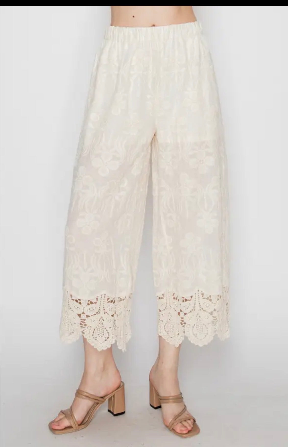 EMROIDERED LACE WIDE LEG PANTS IN NATURAL