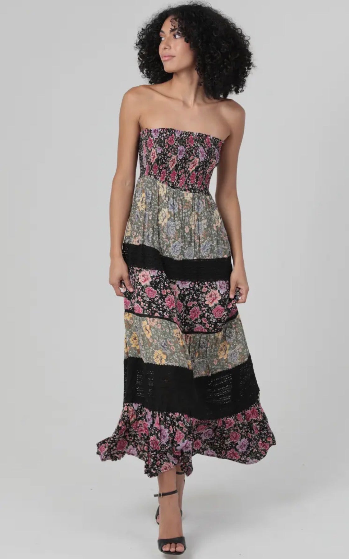 BLACK/OLIVE STRAPLESS MAXI WITH LACE TIERS
