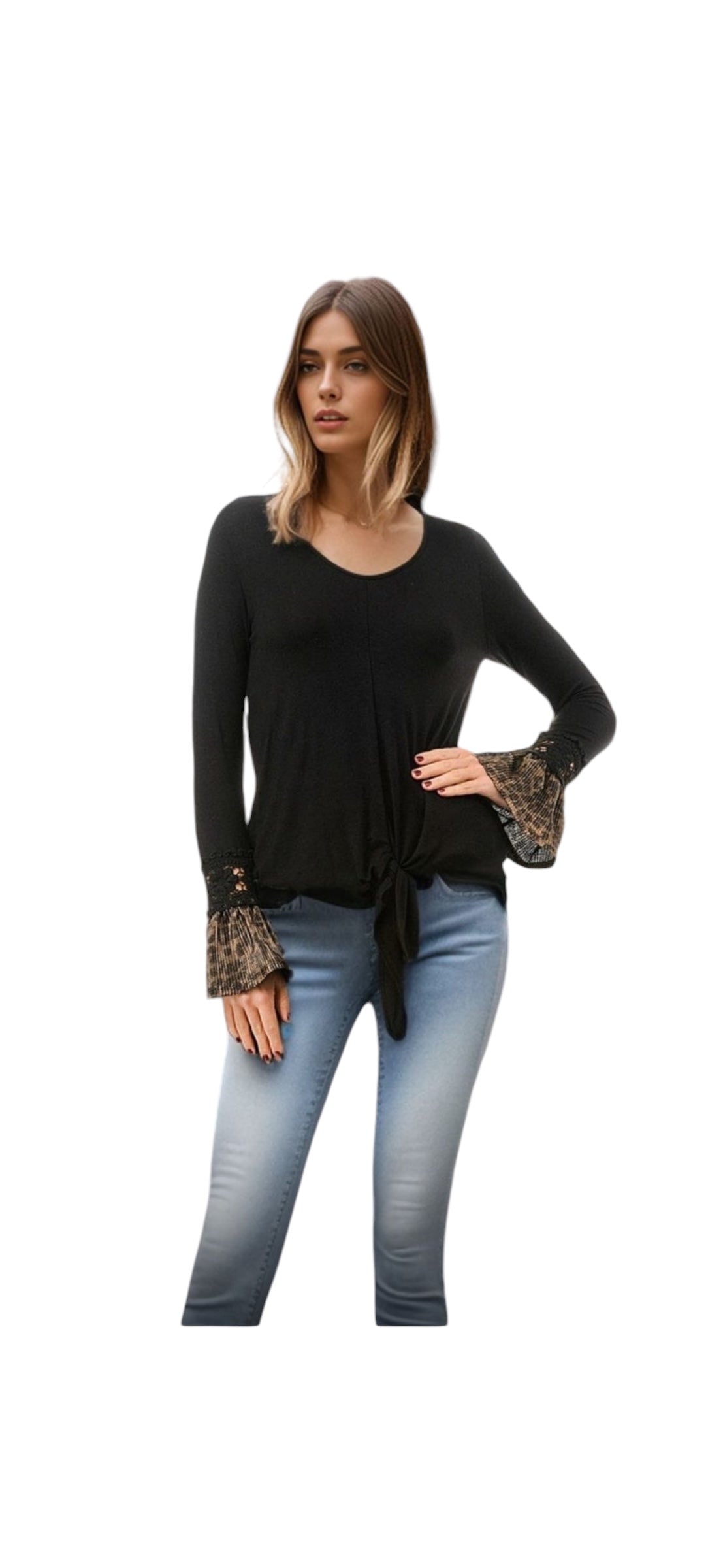 VAVA AGNES BELL LONG SLEEVE TOP IN BLACK/GOLD PLEATED LEOPARD