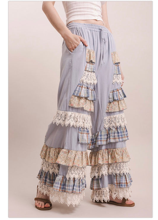 FLORAL AND LACE TIERED RUFFLE SOLID WIDE LEG PANTS