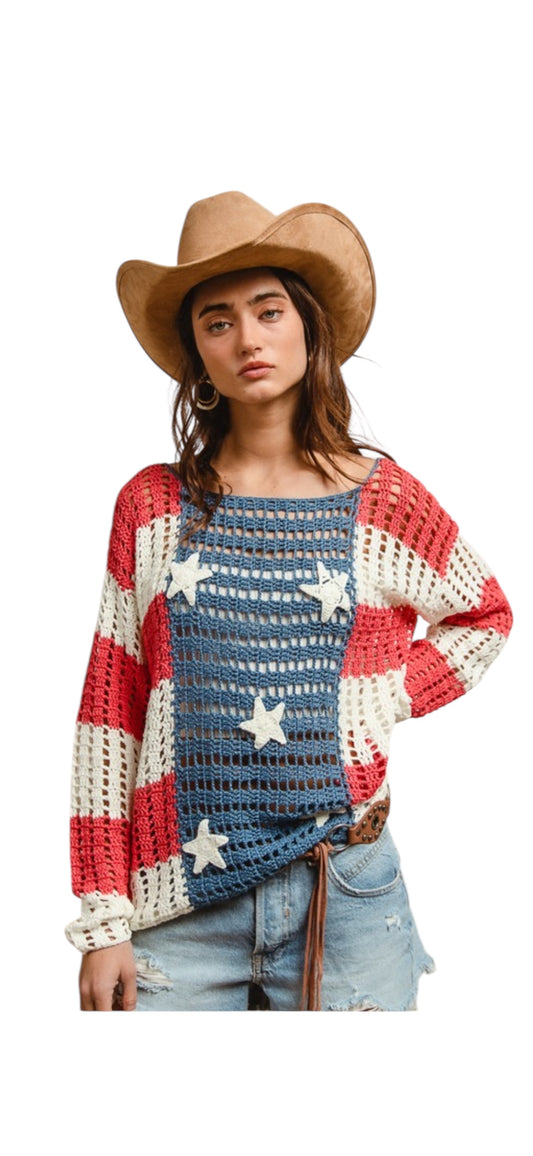 CROCHET STAR  PATCH OPEN KNIT SWEATER