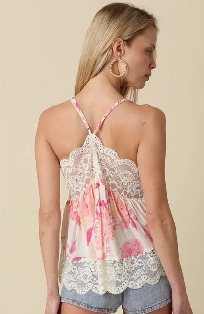 LIA FLORAL LACE TRIM CAMI TOPIN CREAM AND PEACH