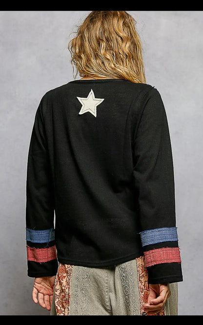 AMERICAN FLAG PATCH LS TOP IN BLACK