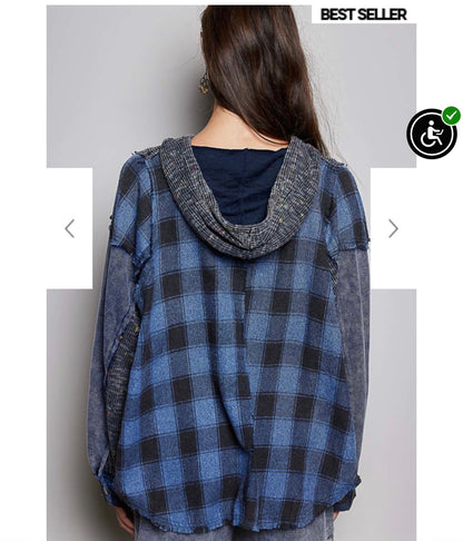 Indigo plaid hoodie top with thermal
