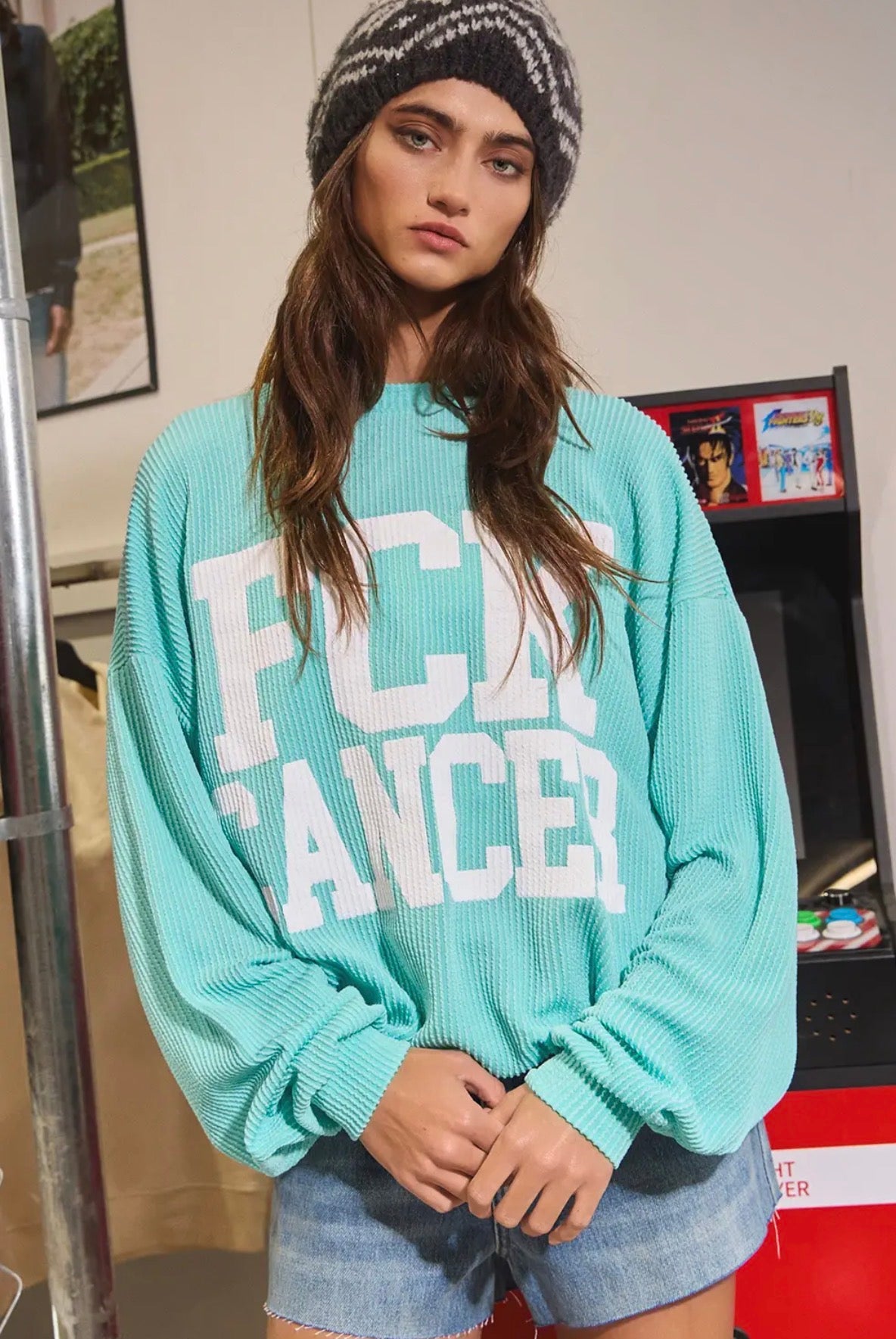 FCK CANCER SWEATSHIRT IN AQUA