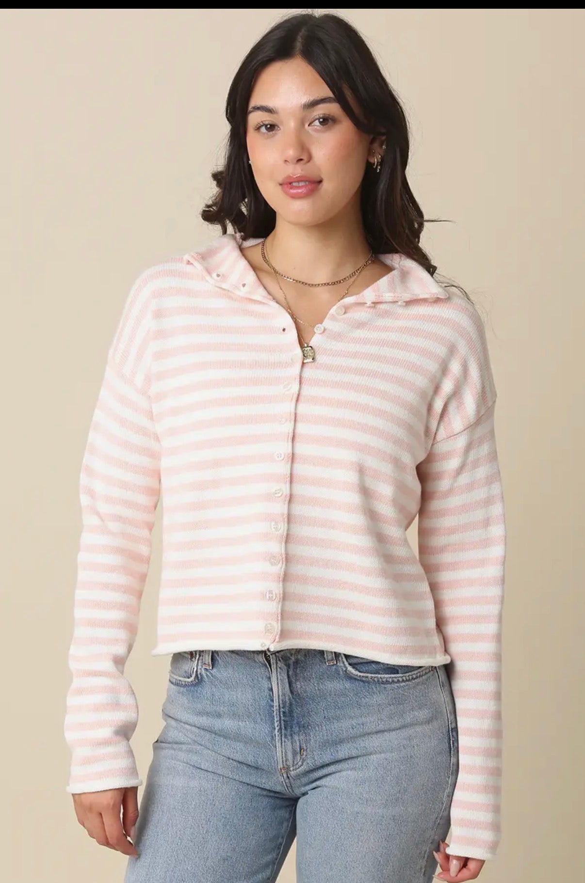 Elina striped Collar knit in blush and white