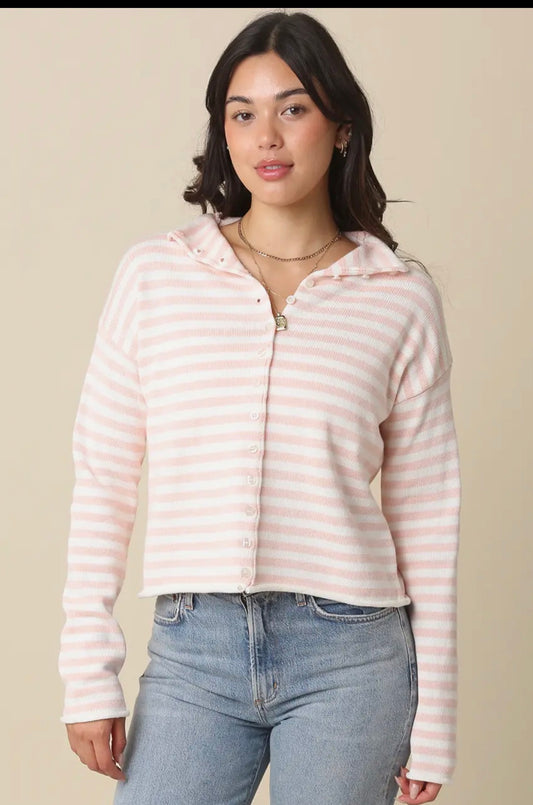 Elina striped Collar knit in blush and white