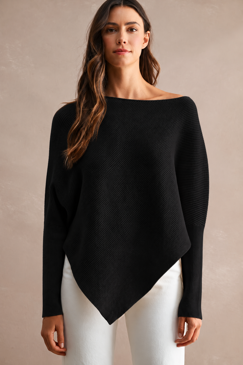 Black ribbed asymmetrical knitted top