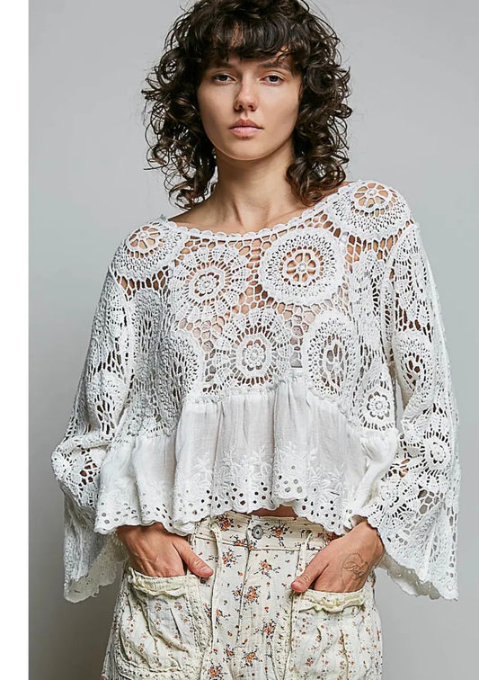 White crochet embroidered floral eyelet top one size